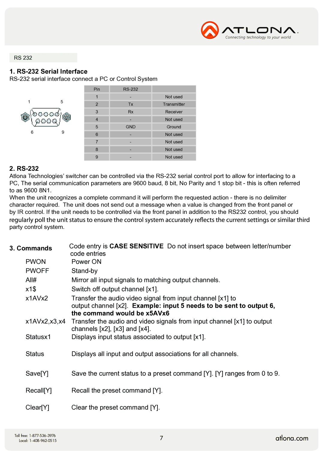 Atlona AT-HD-V22M user manual RS-232 Serial Interface, Commands, Command would be x5AVx6 