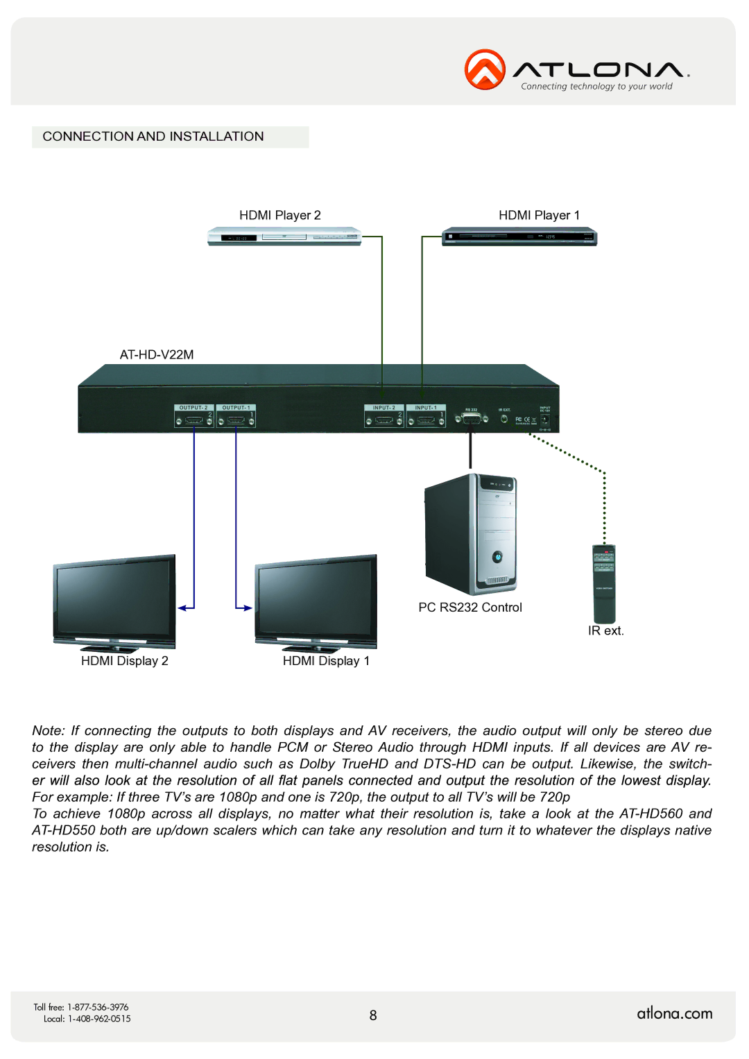 Atlona AT-HD-V22M user manual Connection and Installation 