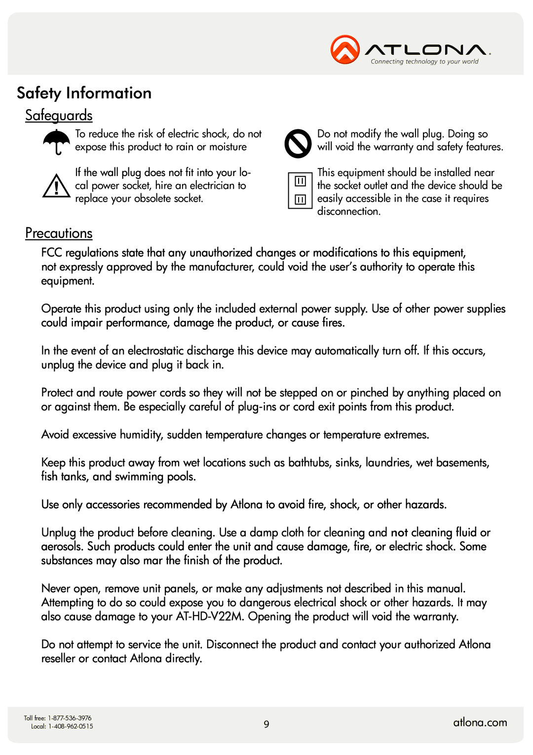 Atlona AT-HD-V22M user manual Safety Information 