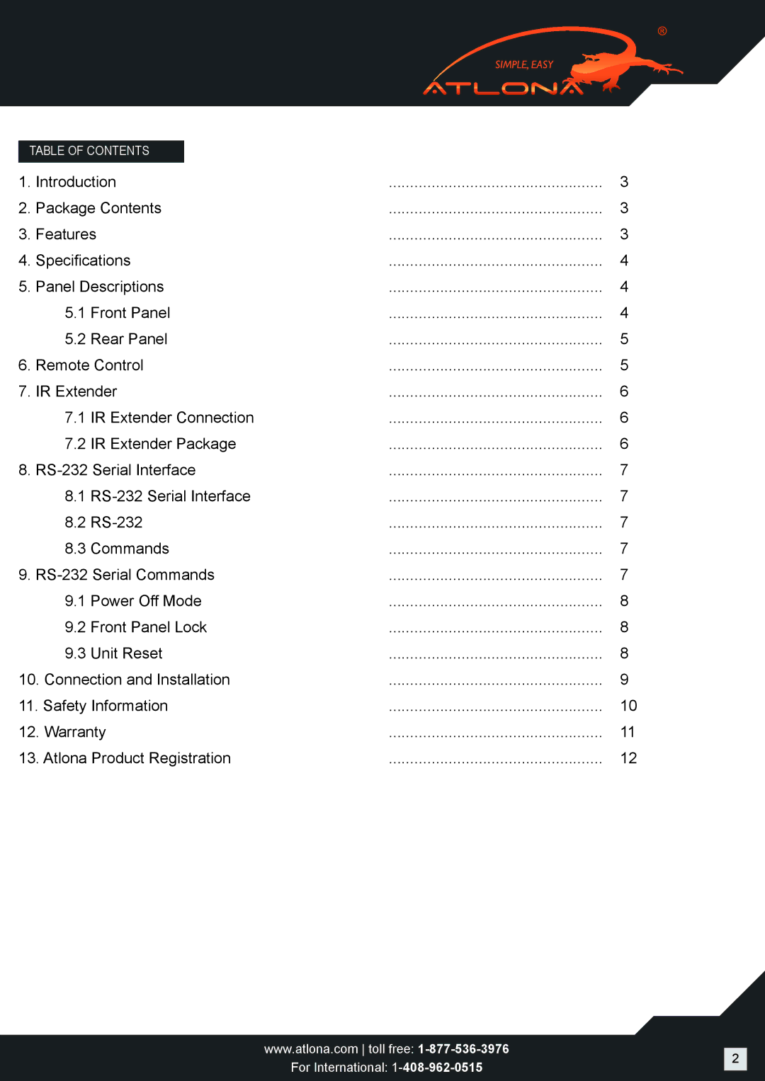 Atlona AT-HD-V22M user manual Table of Contents 