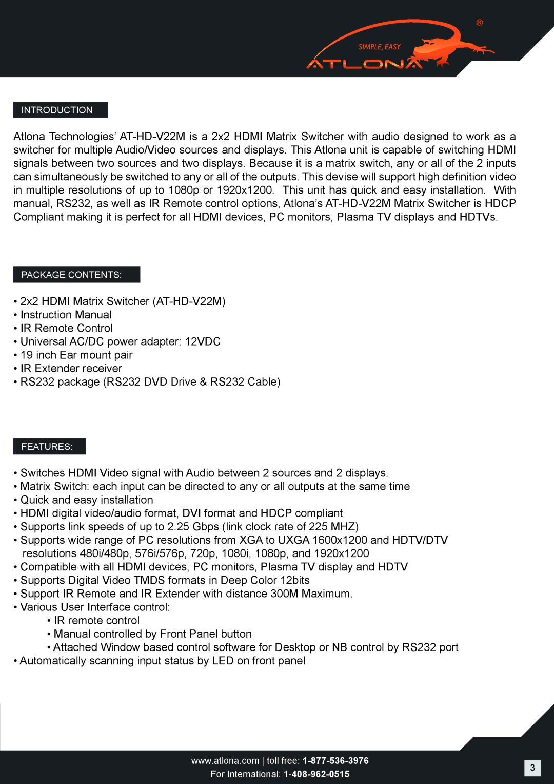 Atlona AT-HD-V22M user manual Introduction 