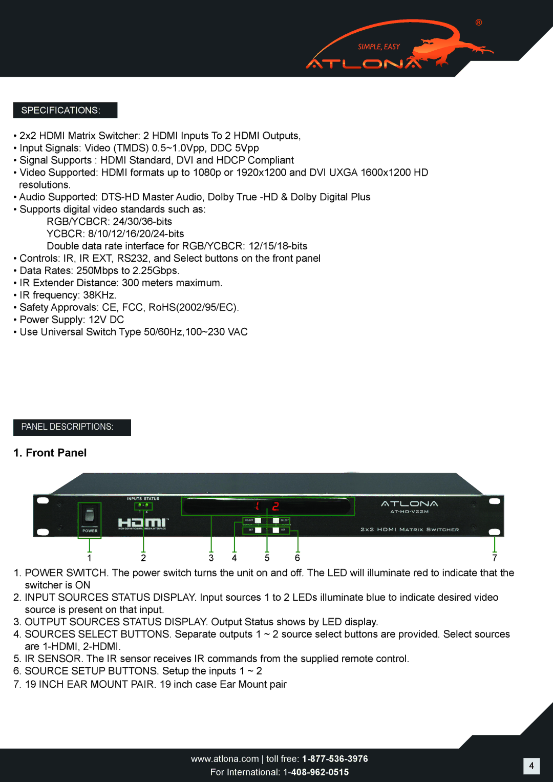 Atlona AT-HD-V22M user manual Front Panel 