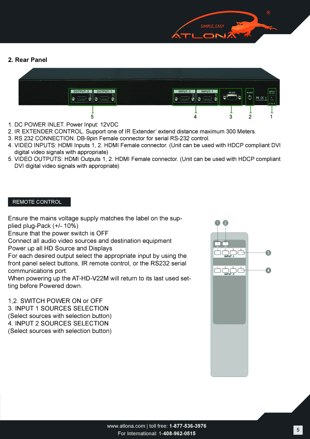 Atlona AT-HD-V22M user manual Rear Panel 