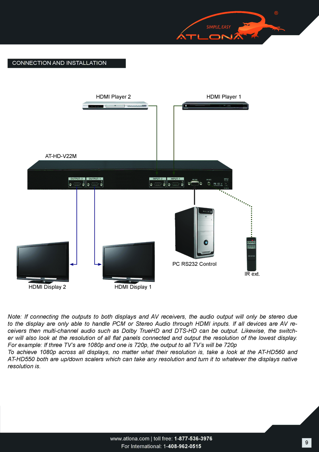 Atlona AT-HD-V22M user manual Connection and Installation 