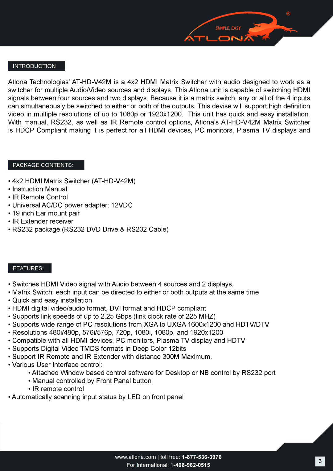 Atlona AT-HD-V42M user manual Introduction 