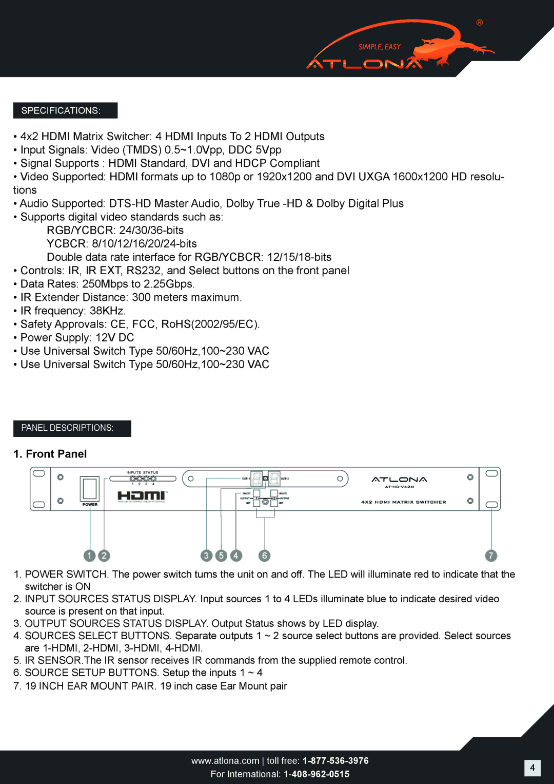 Atlona AT-HD-V42M user manual Front Panel 