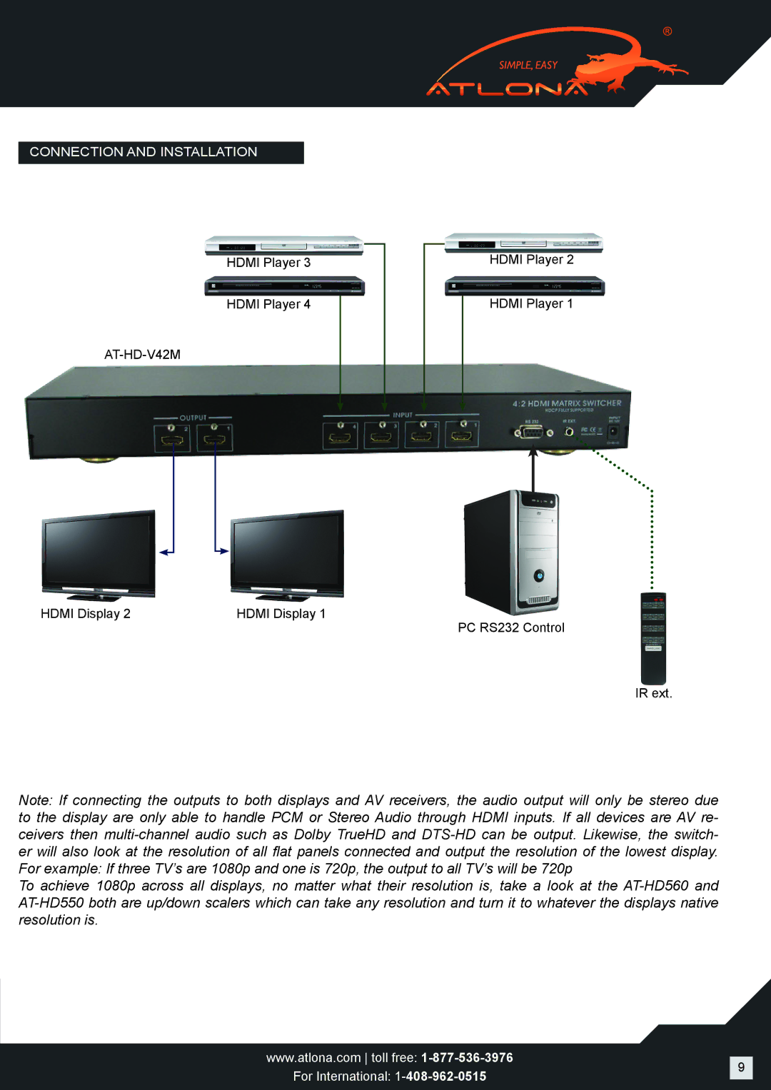 Atlona AT-HD-V42M user manual Connection and Installation 