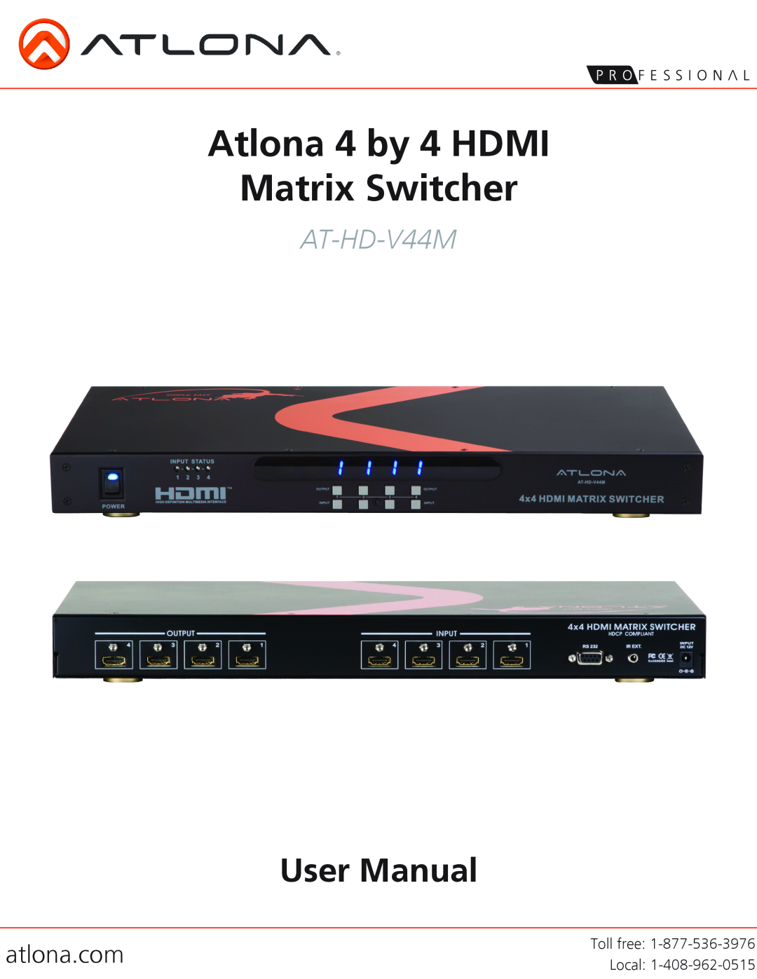 Atlona AT-HD-V44M user manual atlona.com, Atlona 4 by 4 HDMI Matrix Switcher 