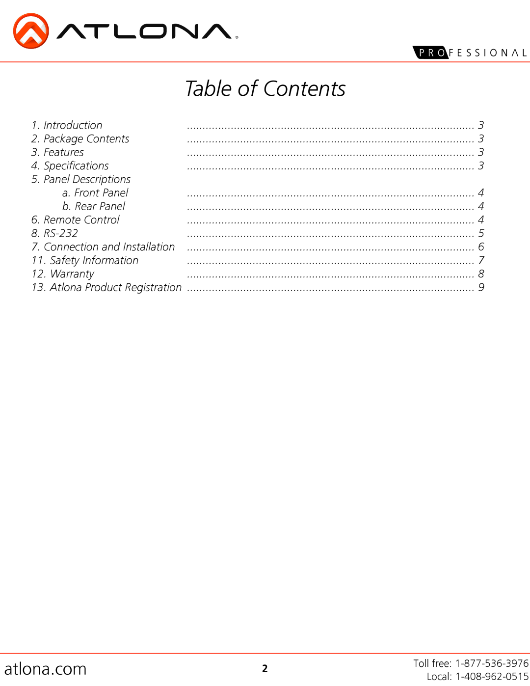 Atlona AT-HD-V44M user manual Table of Contents, atlona.com 