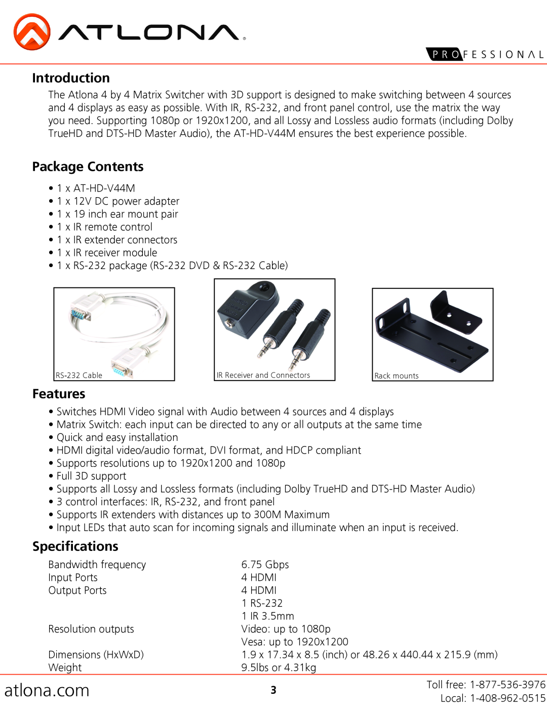 Atlona AT-HD-V44M user manual Introduction, Package Contents, Features, Specifications, atlona.com 