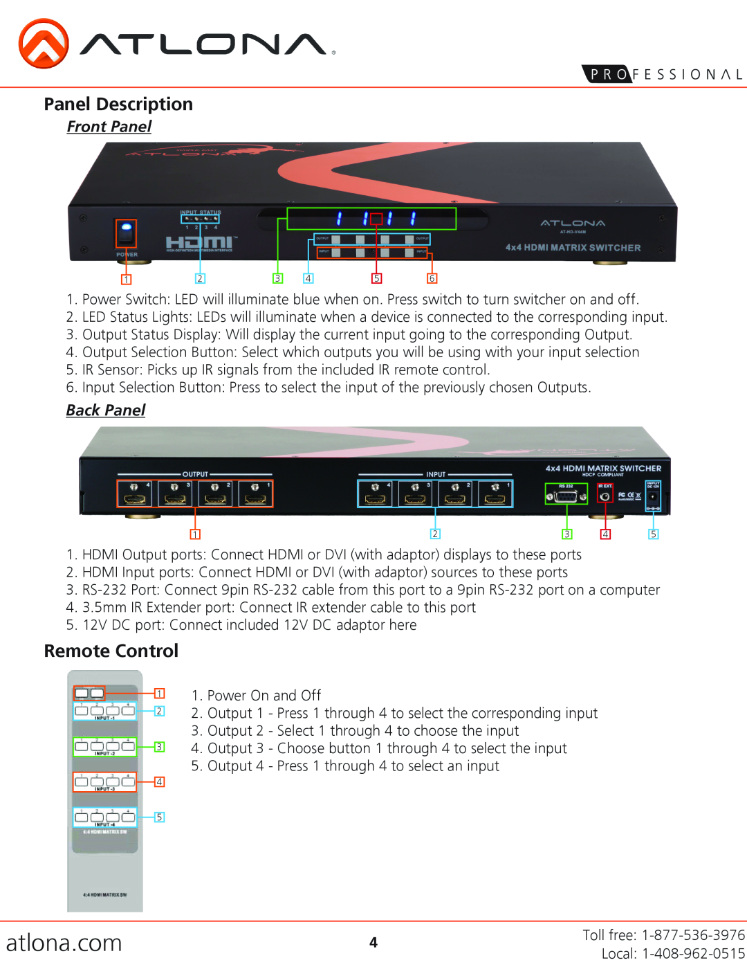 Atlona AT-HD-V44M user manual Panel Description, Remote Control, Front Panel, Back Panel, atlona.com 