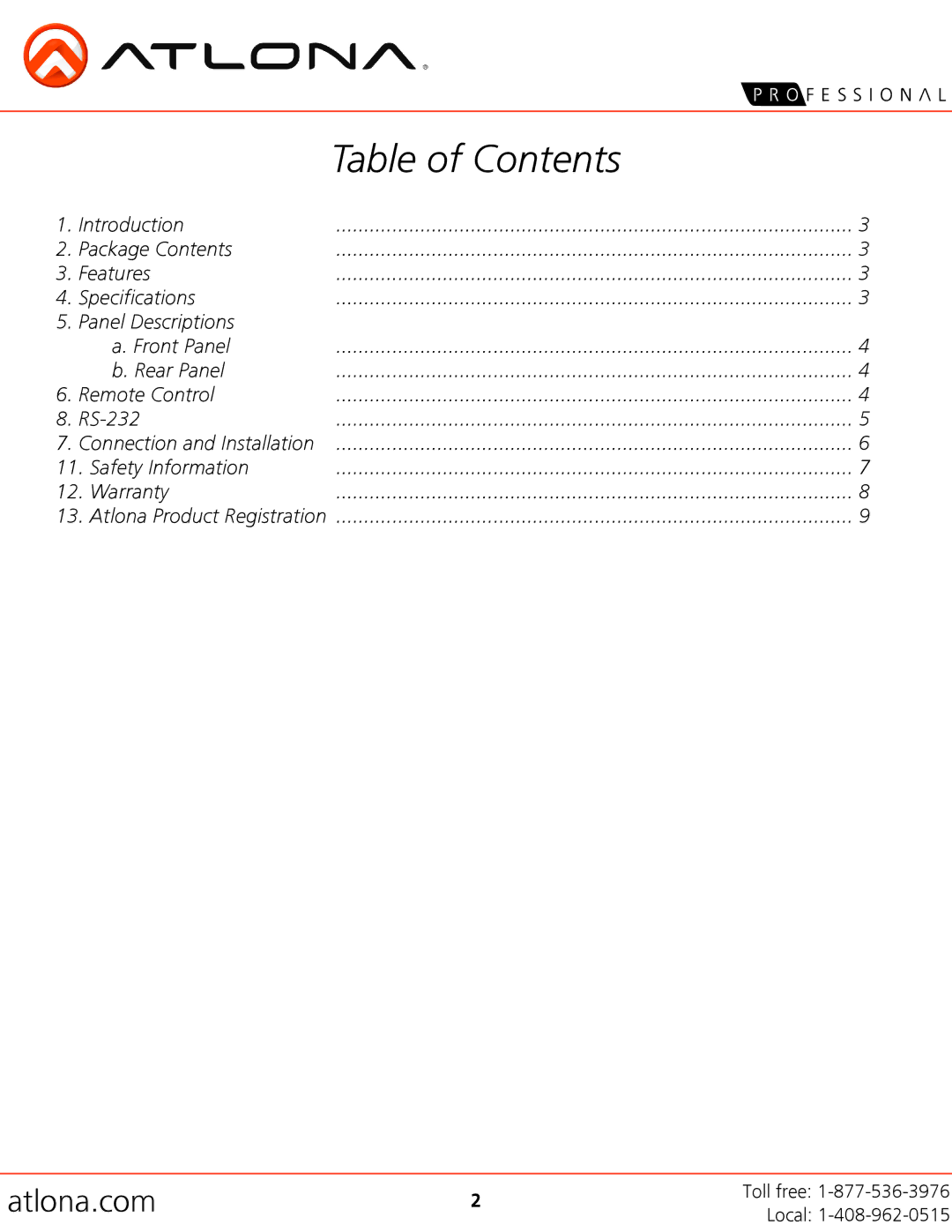 Atlona AT-HD-V44M user manual Table of Contents 