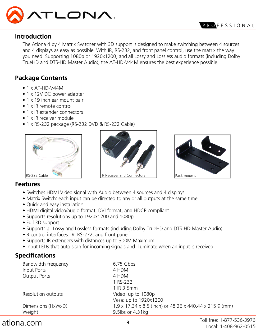 Atlona AT-HD-V44M user manual Introduction, Package Contents, Features, Specifications 