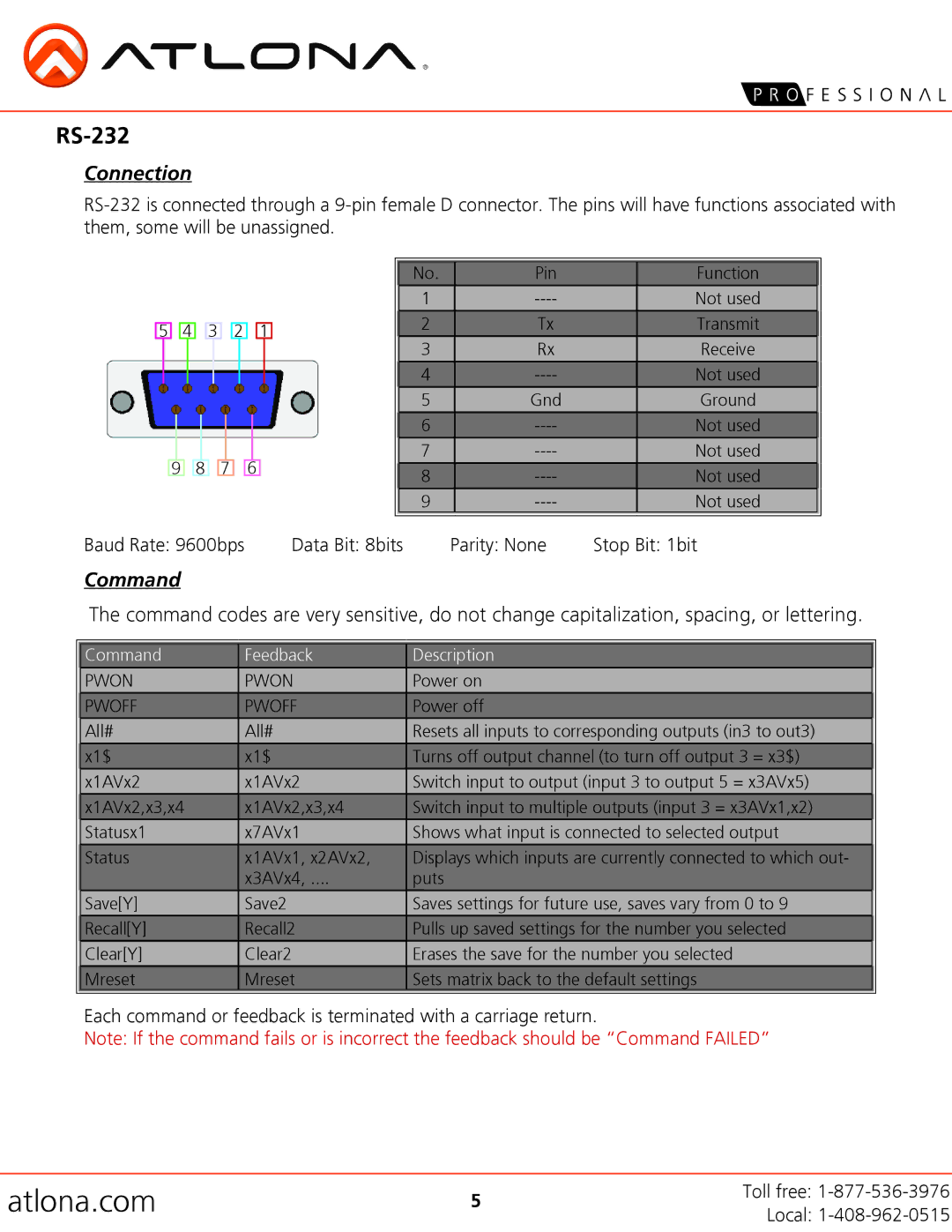 Atlona AT-HD-V44M user manual RS-232, Connection, Command 