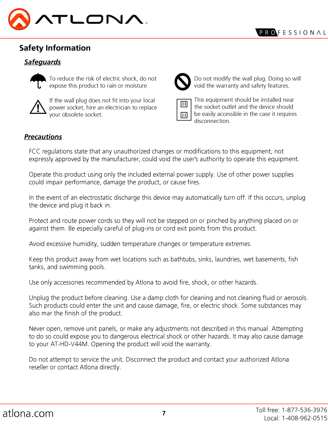 Atlona AT-HD-V44M user manual Safety Information, Safeguards, Precautions 