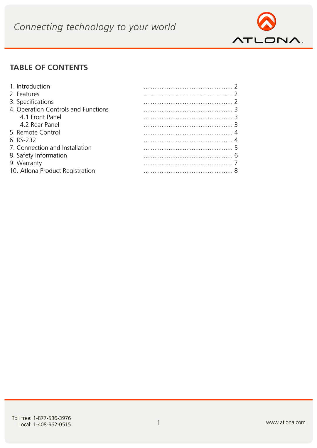 Atlona AT-HD-V81 user manual Table of Contents 