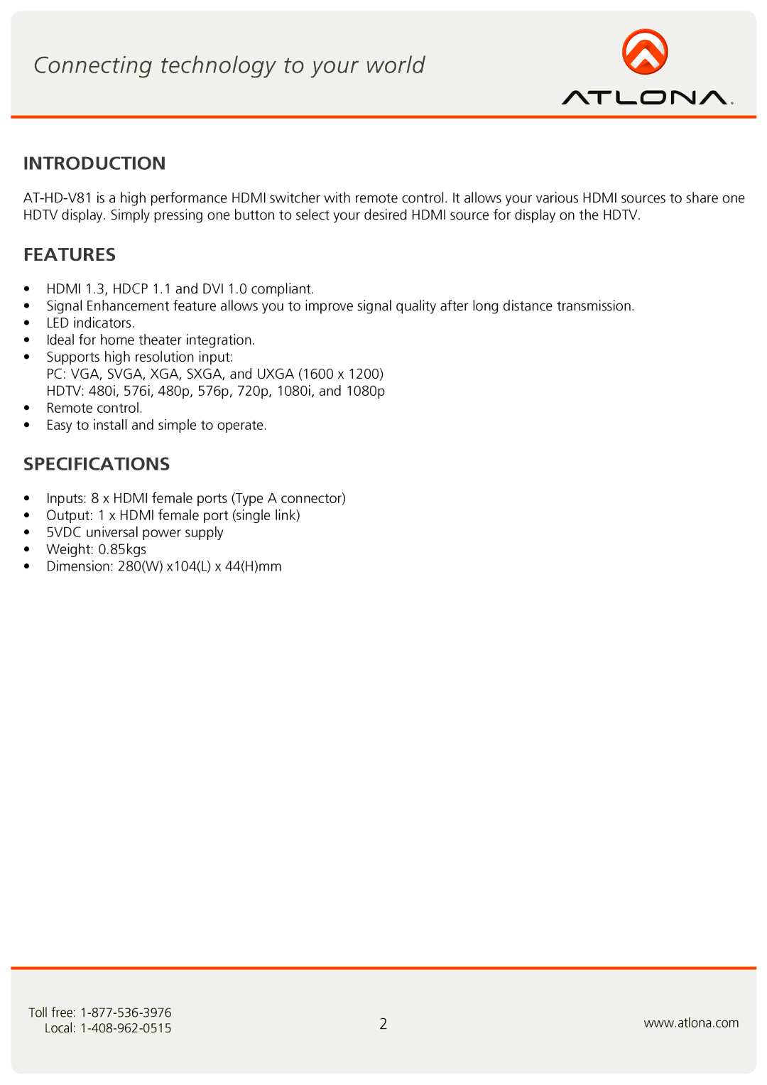 Atlona AT-HD-V81 user manual Introduction, Features, Specifications 