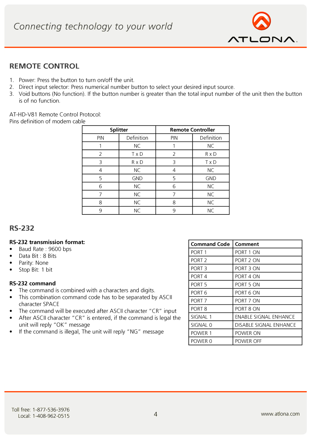 Atlona AT-HD-V81 user manual Remote Control, RS-232 