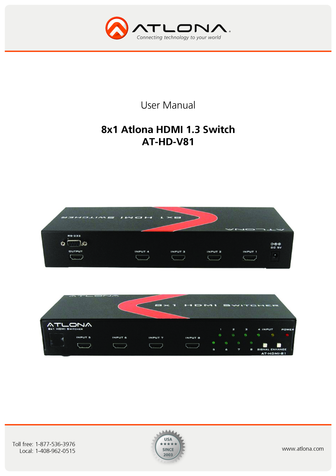 Atlona user manual 8x1 Atlona HDMI 1.3 Switch AT-HD-V81 