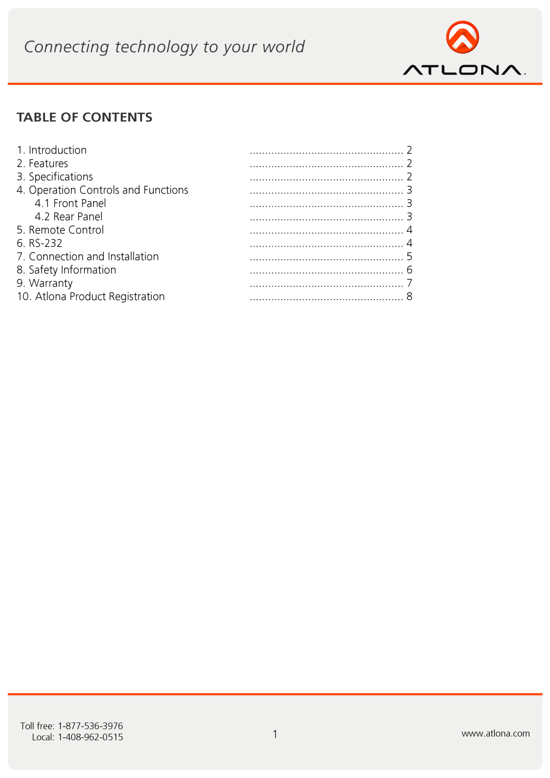 Atlona AT-HD-V81 user manual Table Of Contents 