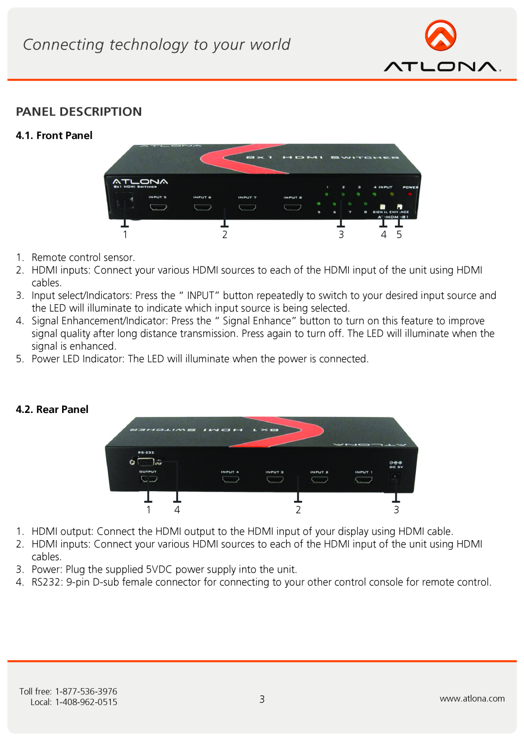 Atlona AT-HD-V81 user manual Panel Description, Front Panel, Rear Panel 