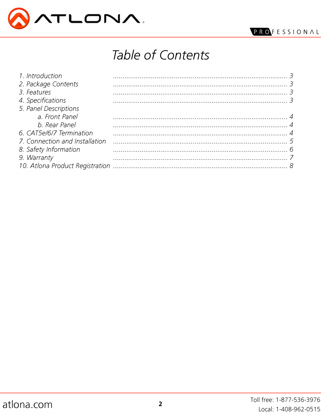 Atlona AT-HD19SS user manual Table of Contents 