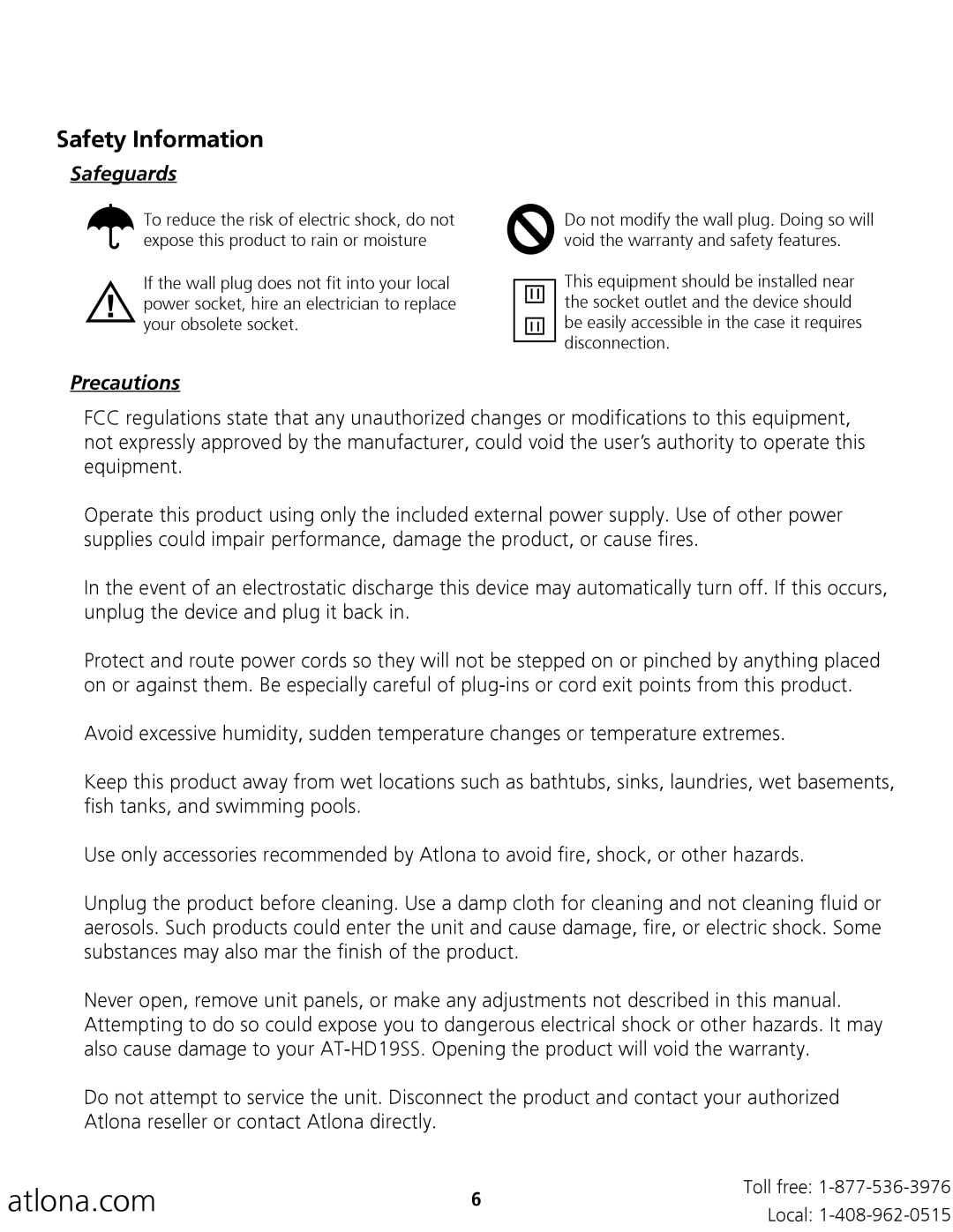 Atlona AT-HD19SS user manual Safety Information, Safeguards, Precautions 