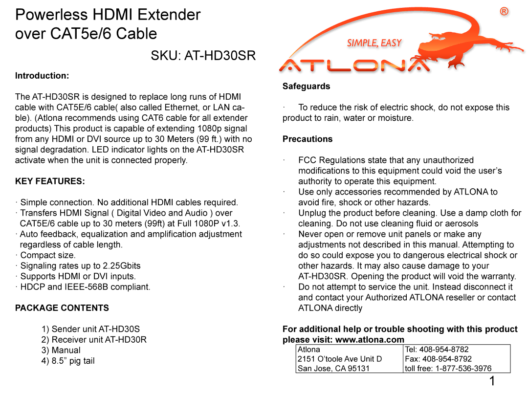 Atlona warranty Powerless Hdmi Extender over CAT5e/6 Cable, SKU AT-HD30SR, KEY Features, Package Contents 