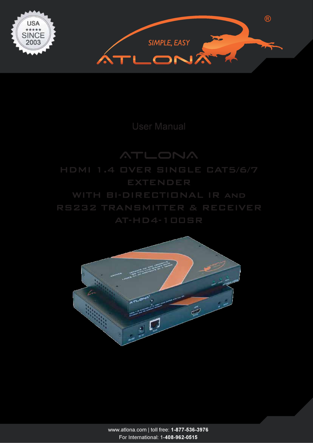 Atlona AT-HD4-100SR user manual Atlona, HDMI 1.4 OVER SINGLE CAT5/6/7 EXTENDER, With Bi-Directionalir And 