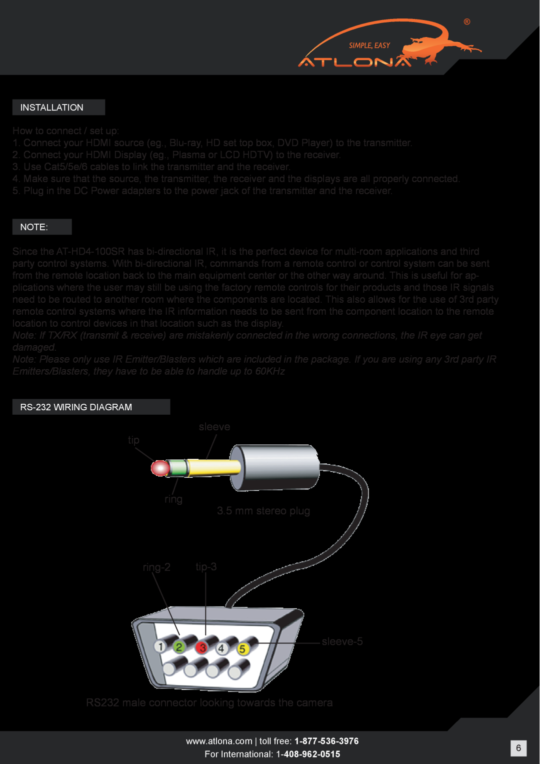 Atlona AT-HD4-100SR user manual sleeve tip ring 3.5 mm stereo plug ring-2 tip-3, sleeve-5 