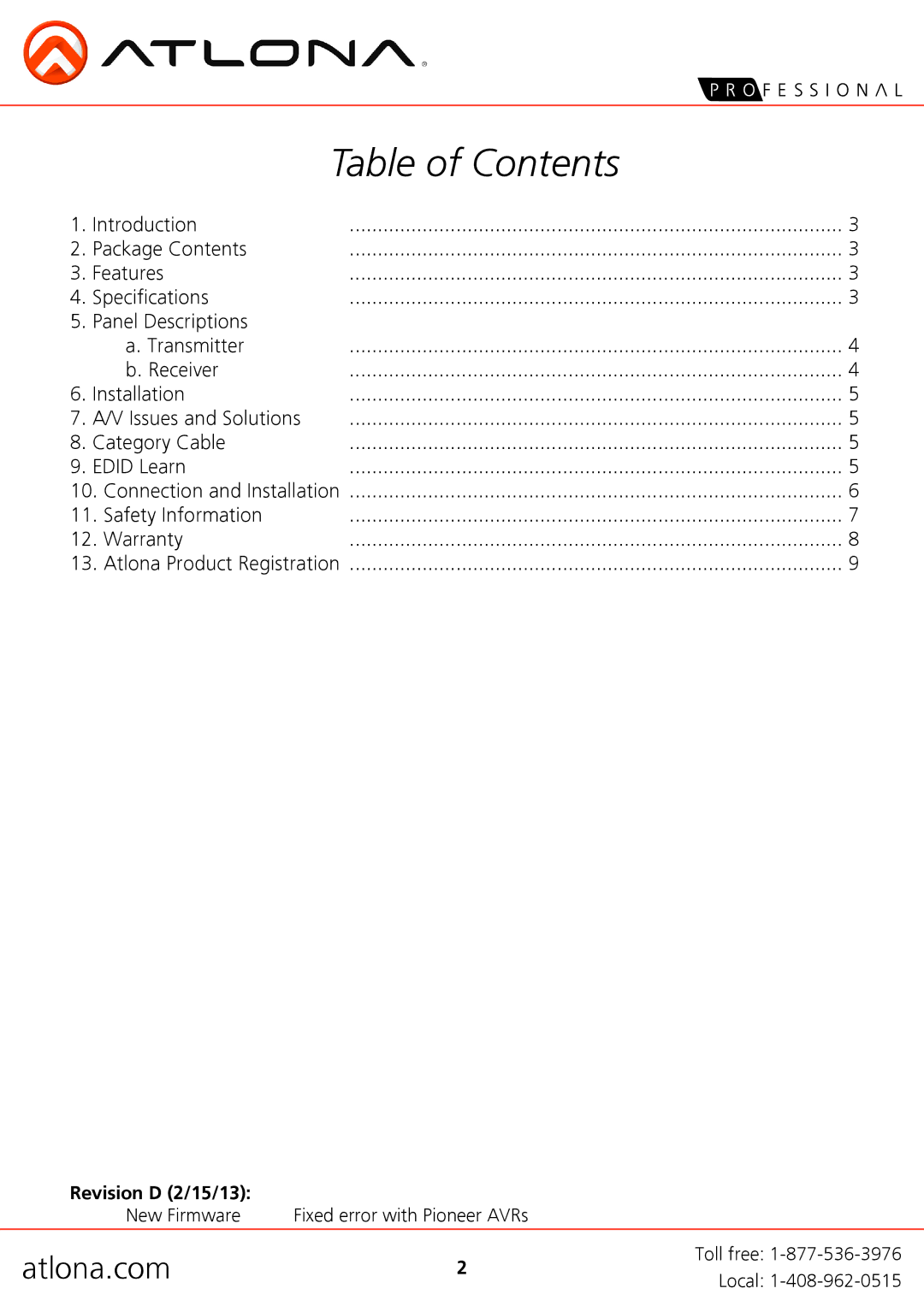 Atlona AT-HD4-SI40SR user manual Table of Contents 