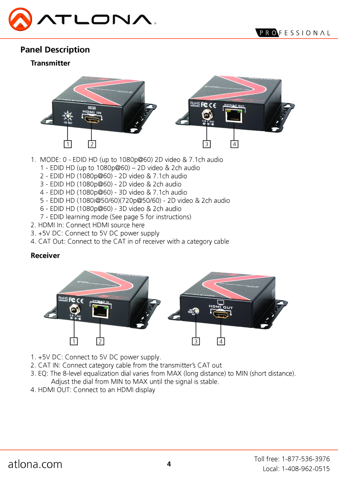 Atlona AT-HD4-SI40SR user manual Panel Description, Transmitter 