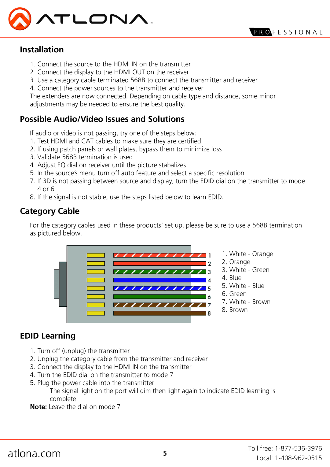 Atlona AT-HD4-SI40SR user manual Installation, Possible Audio/Video Issues and Solutions, Category Cable, Edid Learning 