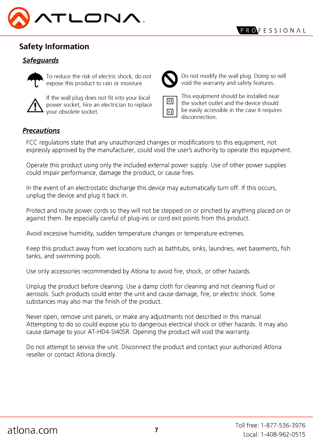 Atlona AT-HD4-SI40SR user manual Safety Information, Safeguards 