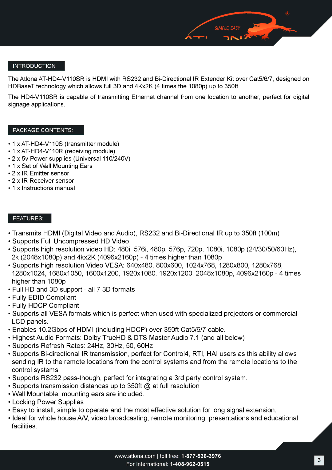 Atlona AT-HD4-V11OSR user manual Introduction 