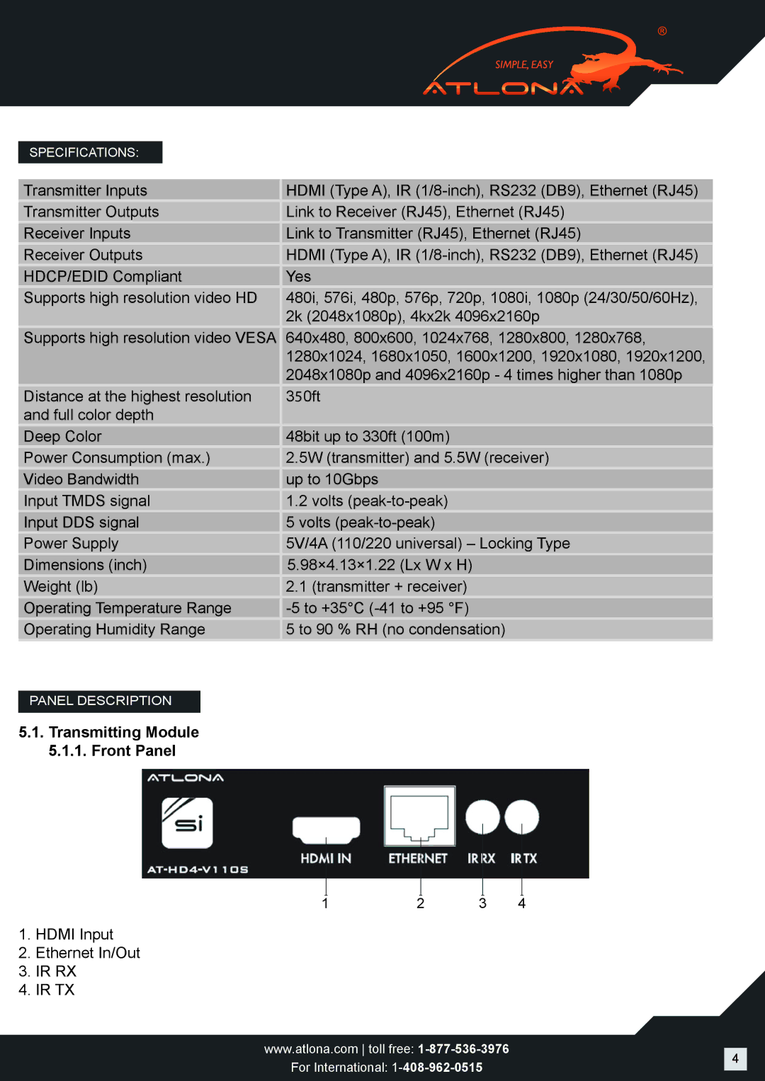 Atlona AT-HD4-V11OSR user manual Transmitting Module 5.1.1. Front Panel 