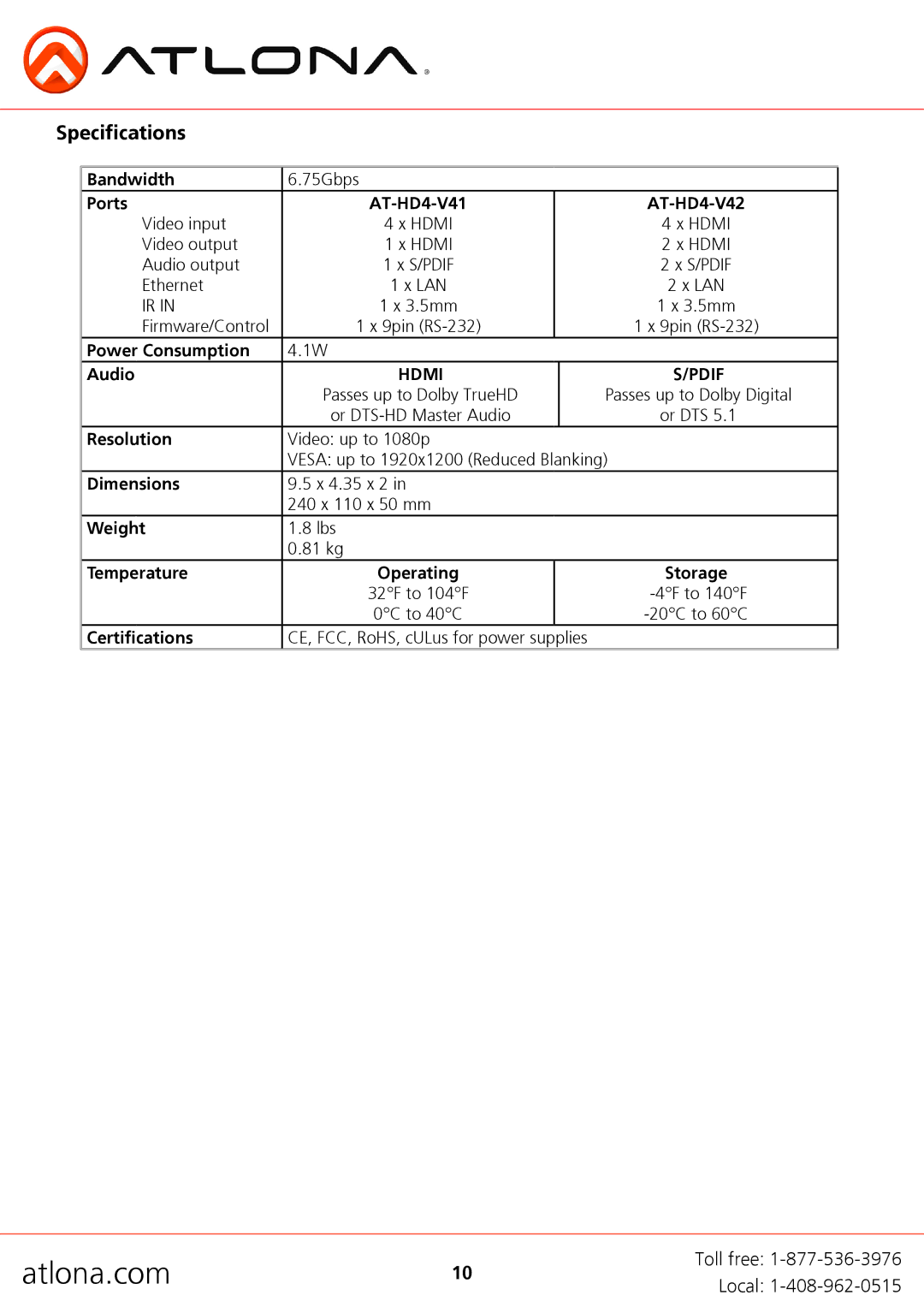 Atlona user manual Specifications, Ports AT-HD4-V41 AT-HD4-V42 