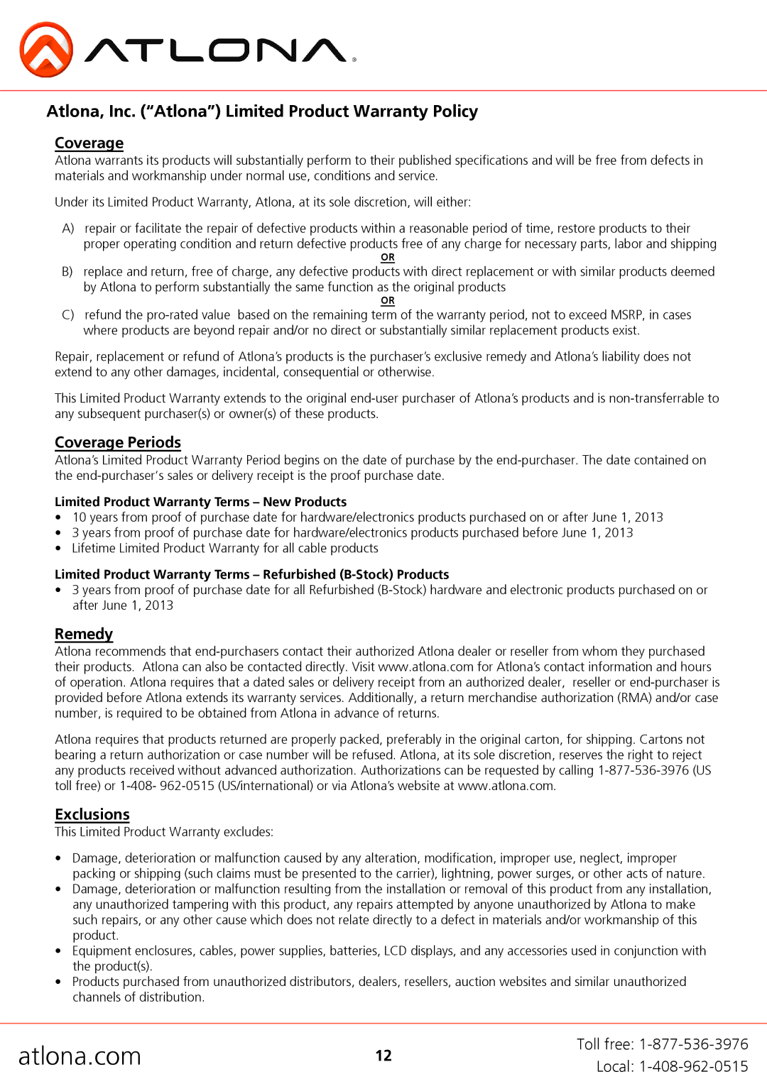 Atlona AT-HD4-V41, AT-HD4-V42 user manual Atlona, Inc. Atlona Limited Product Warranty Policy, Coverage 