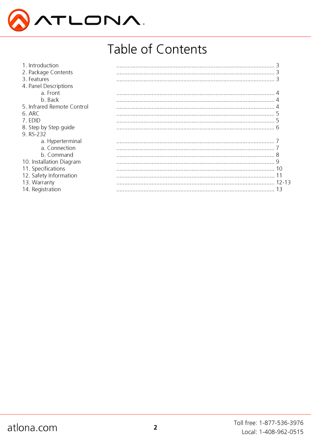 Atlona AT-HD4-V41, AT-HD4-V42 user manual Table of Contents 