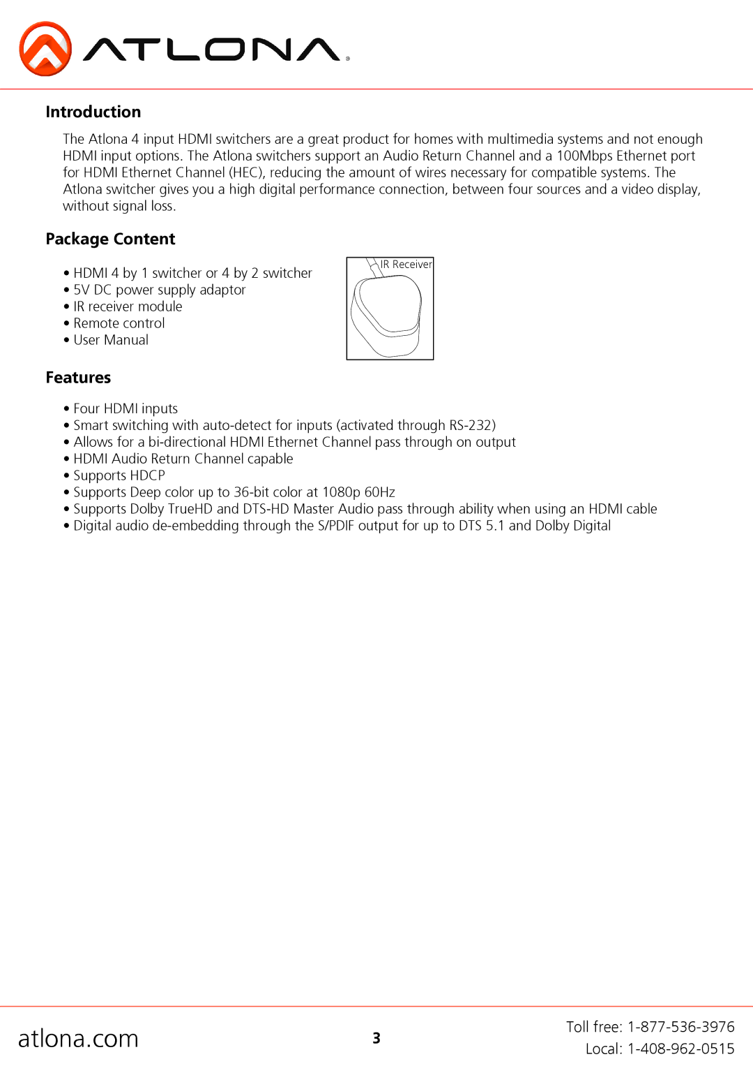 Atlona AT-HD4-V42, AT-HD4-V41 user manual Introduction, Package Content, Features 