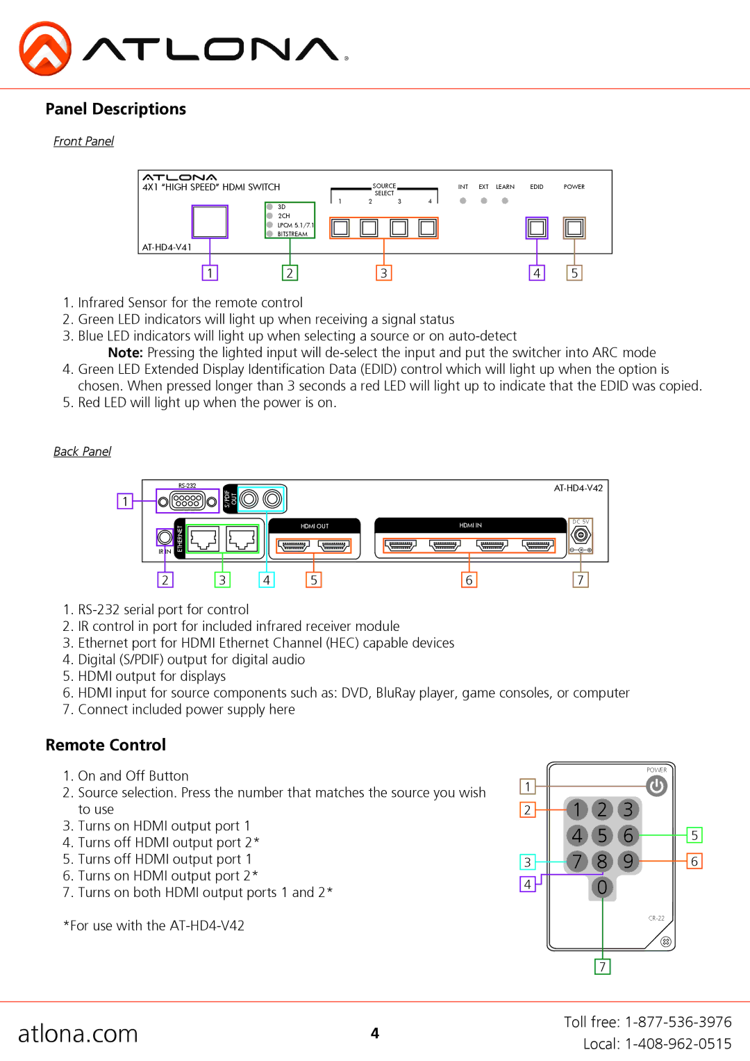 Atlona AT-HD4-V41, AT-HD4-V42 user manual Panel Descriptions, Remote Control 