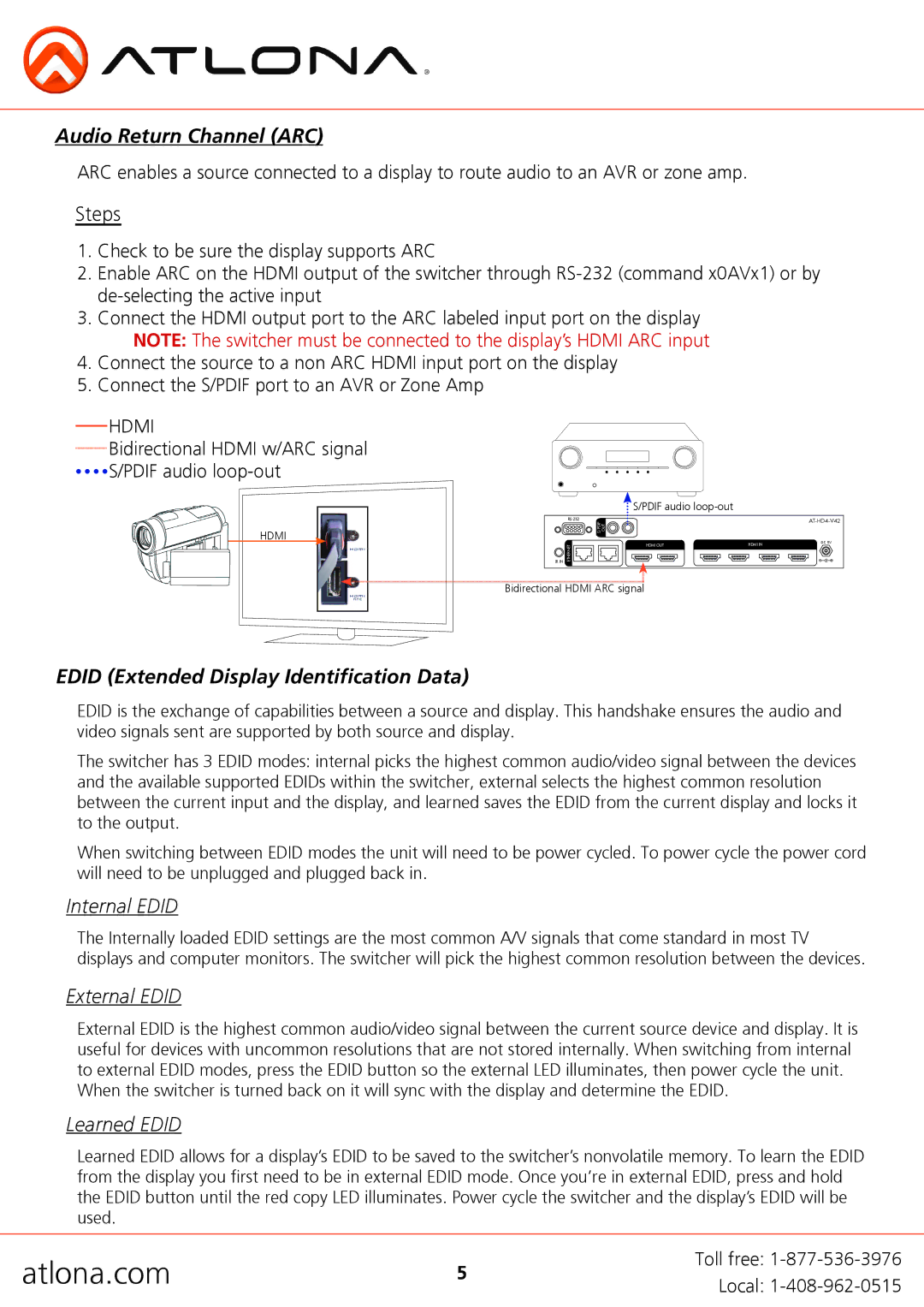 Atlona AT-HD4-V42, AT-HD4-V41 user manual Audio Return Channel ARC, Edid Extended Display Identification Data 