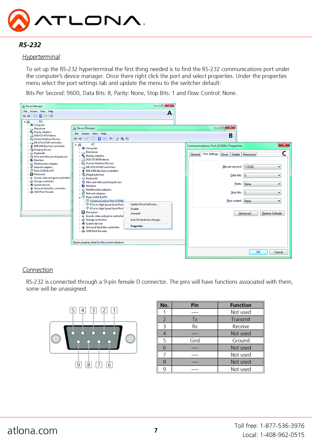 Atlona AT-HD4-V42, AT-HD4-V41 user manual RS-232, Hyperterminal, Connection 