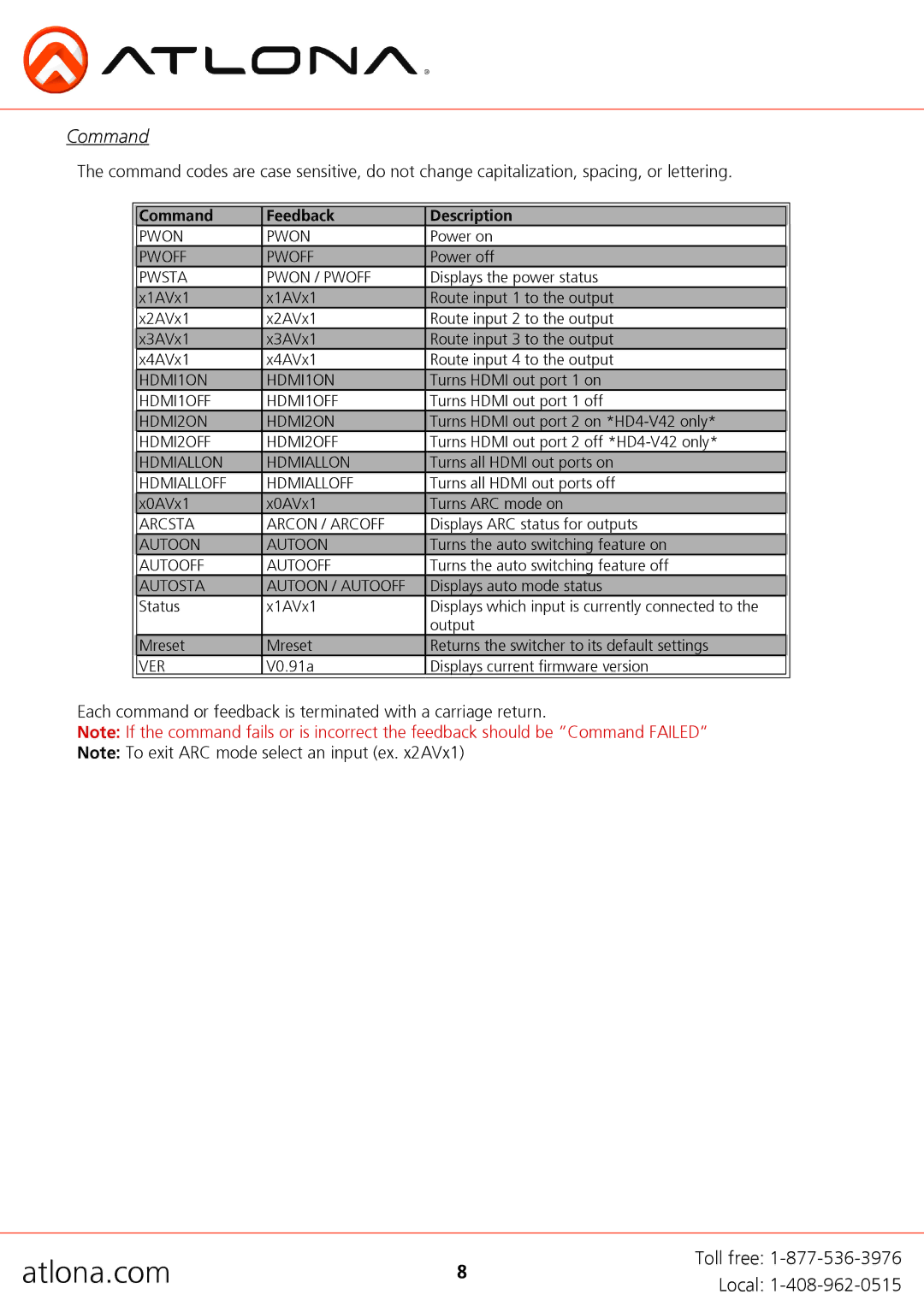 Atlona AT-HD4-V41, AT-HD4-V42 user manual Command Feedback Description 