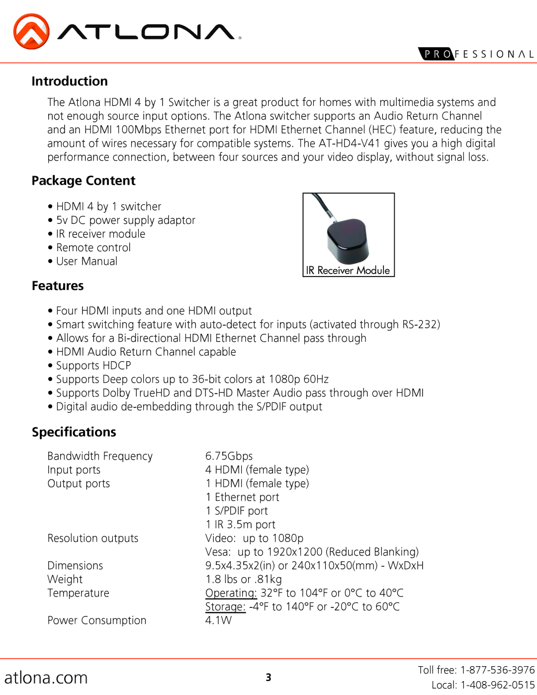 Atlona AT-HD4-V41 user manual Introduction, Package Content, Features, Specifications 