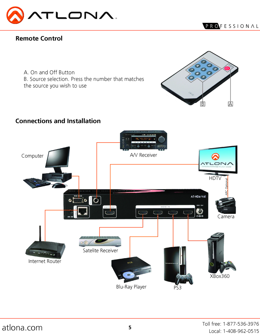 Atlona AT-HD4-V41 user manual Remote Control, Connections and Installation 