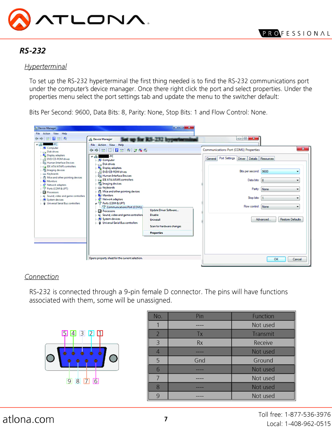 Atlona AT-HD4-V41 user manual Hyperterminal, Connection 