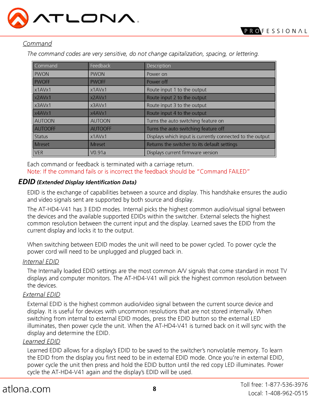 Atlona AT-HD4-V41 user manual Command, Internal Edid, External Edid, Learned Edid 