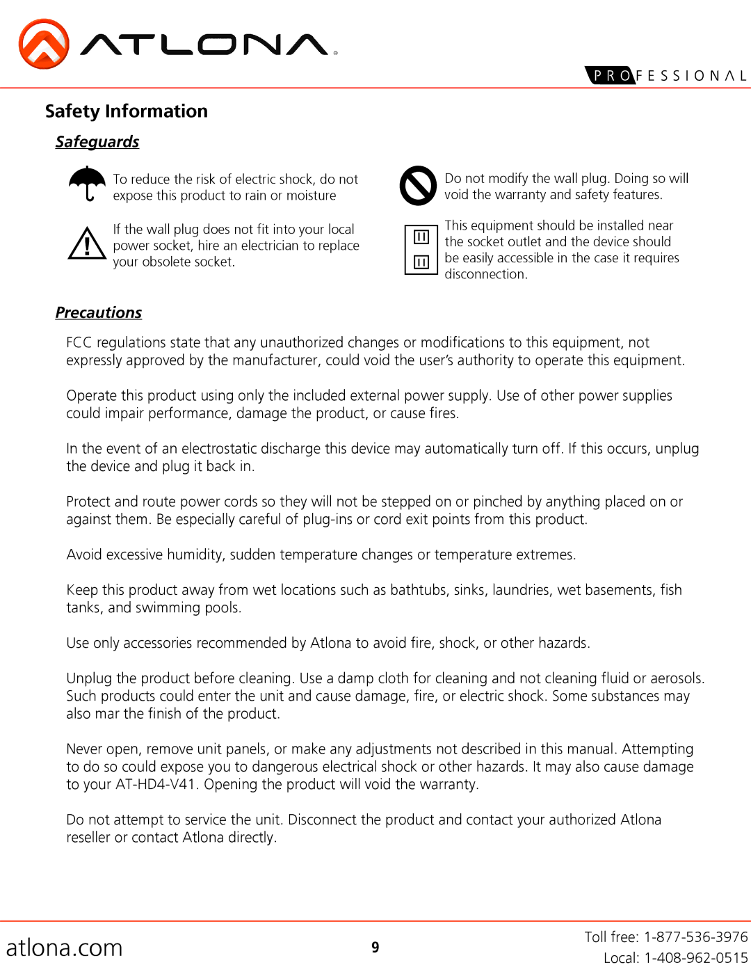 Atlona AT-HD4-V41 user manual Safety Information, Safeguards 