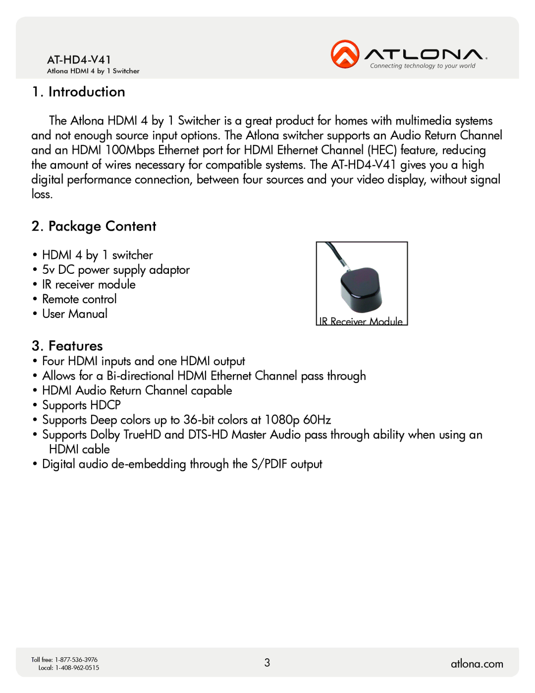 Atlona AT-HD4-V41 user manual Introduction, Package Content, Features 